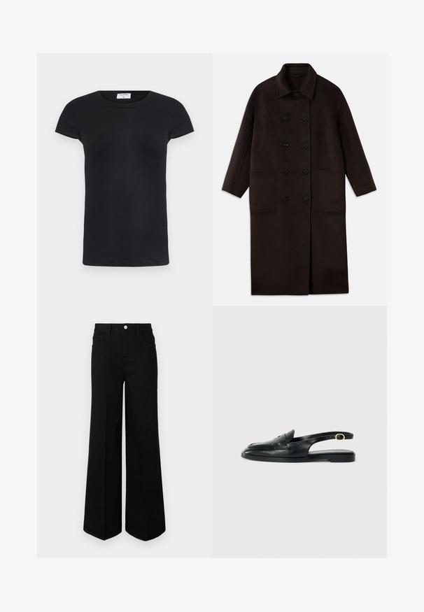 Dark brown, long wool coat with double-breasted buttons, wide collar, long sleeves, and two large front pockets.; Black ribbed T-shirt with a round neckline and short sleeves. Soft fabric with a fitted shape, featuring a label at the neck.; Black wide-leg jeans made of sturdy fabric, featuring a high waist, front pockets, and a front button closure. Flat hem at the bottom.; Black leather slingback shoe with a rounded toe, flat sole, side cutout, and strap featuring a gold-tone hardware detail.