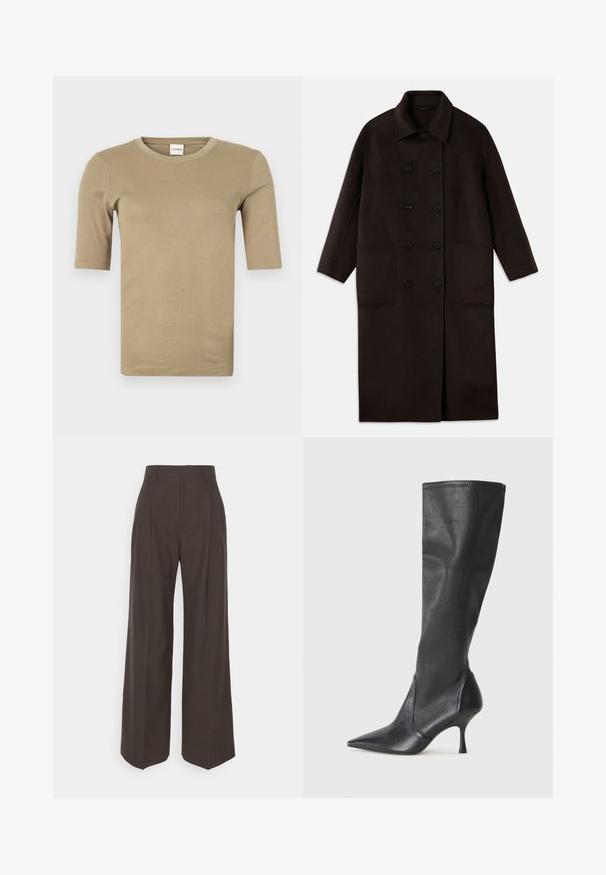 Temno rjav, dolg volnen plašč z dvojnimi gumbi, širokim ovratnikom, dolgimi rokavi in dvema velikima sprednjima žepoma.; Bež majica s kratkimi rokavi in okroglim ovratnikom, izdelana iz mehke, gladke tkanine, z minimalnim šivanjem in prilegajočim se krojem.; Temno rjave široke hlače z visokim pasom, ki imajo lepo stisnjene gube, gladko teksturo in krojen fit.; Črne usnjene škornje do kolen s koničastim nosom in ozkim stiletto peto. Gladka tekstura z oblikovanim dizajnom in šivi na zgornjem robu.