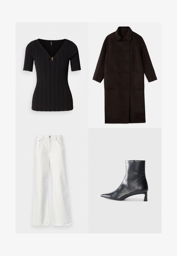 Tmavohnedý, dlhý vlnený kabát s dvojradovým zapínaním, širokým golierom, dlhými rukávmi a dvoma veľkými prednými vreckami.; Čierny rebrovaný pletený top s krátkymi rukávmi, hlbokým V-výstrihom a zlatým ozdobným gombíkom uprostred; priliehavý strih.; Biele riflové rozšírené džínsy s vysokým pásom, päťmiestnym dizajnom a viditeľným prešívaním. Obsahuje kovový gombík a zips.; Čierne kožené členkové topánky s špicatou špičkou a elegantným dizajnom. Majú nízky podpätok a zips na zadnej strane. Hladká textúra.