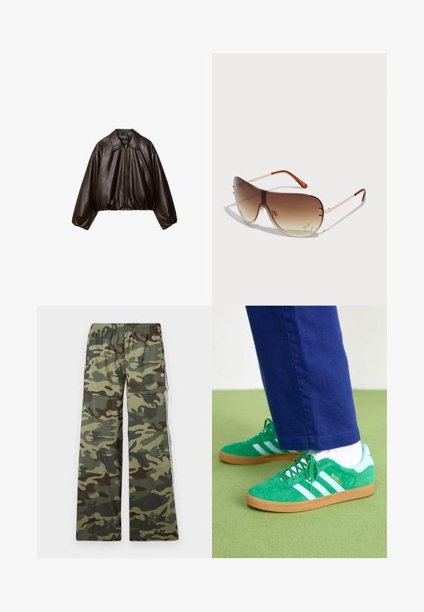 Brązowa kurtka z ekoskóry o kroju cropped, z kołnierzem, zamkiem błyskawicznym i bufkami, z gładką fakturą i elastycznym pasem.; Szary rozpoczynający się na suwak hoodie z dużym kapturem, długimi rękawami i kieszeniami z przodu. Gładka tekstura, luźny krój i minimalne detale.; Biała bawełniana koszulka na ramiączkach z szerokimi paskami, okrągłym dekoltem i gładką, prążkowaną strukturą. Brak wzorów i akcentów.; Spodnie cargo w kamuflażowym wzorze w odcieniach zieleni i brązu, o szerokim kroju, z elastycznym paskiem w talii i kieszeniami bocznymi w paski.; Zielone zamszowe trampki z białymi paskami i akcentami, z gumową podeszwą, z zielonymi sznurówkami i logo na boku.; Okulary przeciwsłoneczne z brązowym gradientowym szkłem, metalową oprawą oraz dekoracyjnym wzorem gwiazdy z cyrkoniami w dolnym prawym rogu szkła.; Brązowa skórzana torebka na ramię z zamkiem błyskawicznym, uchwytem na ramię i wytłoczonym wzorem logo. Gładkie wykończenie z akcentami w kolorze złota.