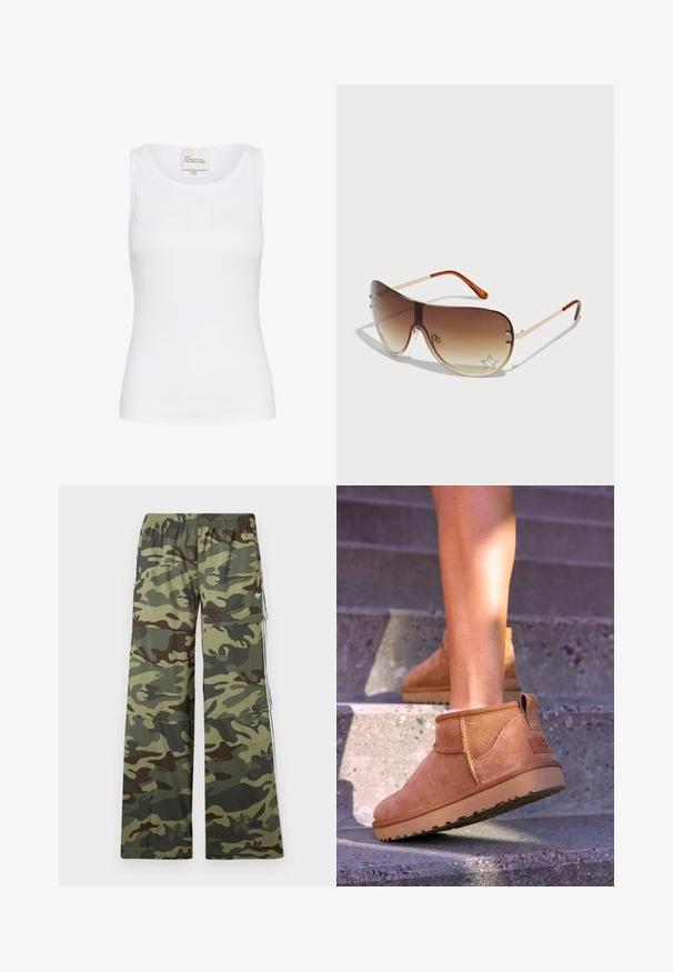 Brun faux læder cropped jakke med krave, lynlås-lukning og pufferærmer, med en glat tekstur og elastisk talje.; Grå zip-up hættejakke med en stor hætte, lange ærmer og frontlommer. Glat tekstur med en løs pasform og minimal detailing.; Hvid tanktop lavet af et glat, strækbart stof. Har en rund halsudskæring og et lille, broderet logo på forsiden. Tætsiddende design.; Camo-mønstrede cargo-bukser i nuancer af grøn og brun, med bred ben-design, elastisk talje og sidelommer med striber.; Tan ruskind ankelstøvler med en blød tekstur, stikninger og en gummisål, der har en løkkehælkappe for nem på- og aftagning.; Solbriller med brune gradientlinser, metalramme og dekorativt stjernemønster med rhinsten på det nederste højre linse.; Brun læderhåndtaske med lynlås, en skulderrem og et præget logo-mønster. Glat finish med hardware i guld-tone.