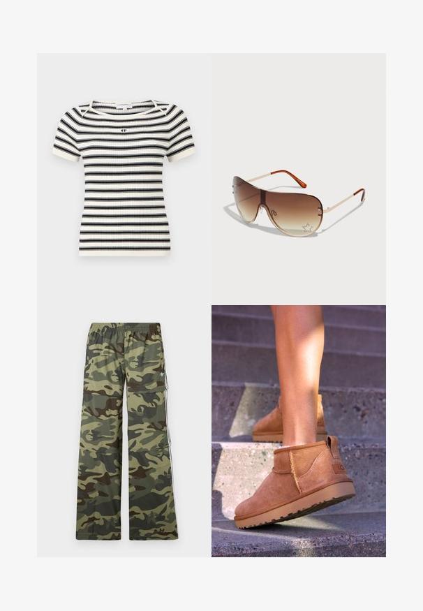 Brown faux leather cropped jacket with a collared neck, zip closure, and puffed sleeves, featuring a smooth texture and elastic waistband.; Gray zip-up hoodie with a large hood, long sleeves, and front pockets. Smooth texture with a relaxed fit and minimal detailing.; Ribbed knit short-sleeve top featuring horizontal black and white stripes, round neckline, and a small logo on the chest.; Camo-patterned cargo pants in shades of green and brown, featuring a wide-leg design, elastic waistband, and side pockets with stripes.; Tan suede ankle boots with a soft texture, stitched detailing, and a rubber sole, featuring a looped heel for easy wear.; Sunglasses with a brown gradient lens, metal frame, and decorative star pattern with rhinestones on the lower right lens.