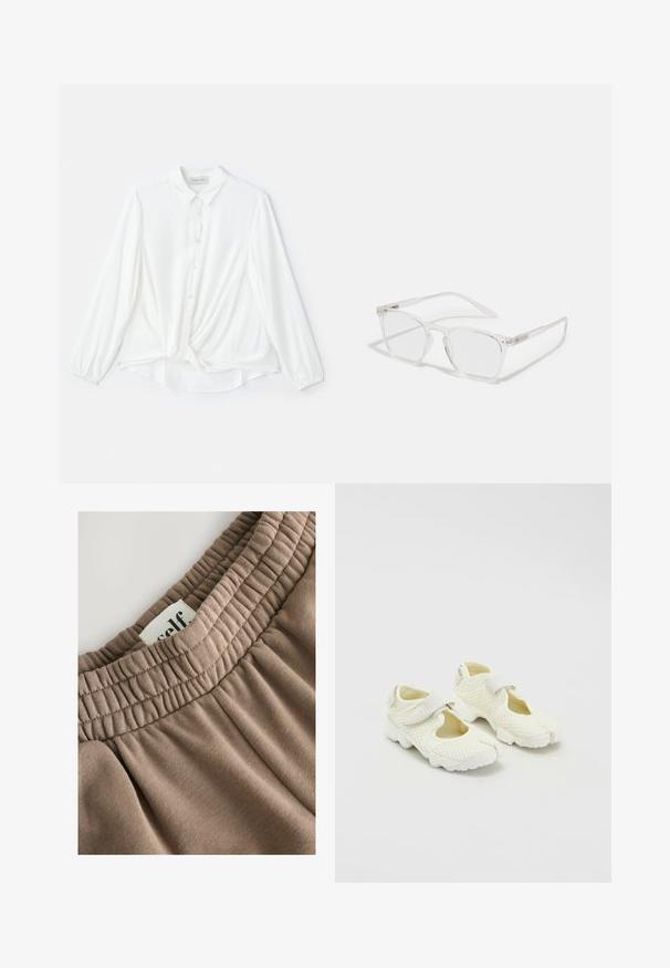 Rjava umetna usnjena skrajšana jakna s ovratnikom, zadrgo in napihnjenimi rokavi, ki ima gladko teksturo in elastičen pas.; Bela bluza z dolgimi rokavi s ovratnikom, gumbi spredaj in vozlom na pasu. Narejena iz gladkega, lahkega materiala.; Rjav elastični pas z nabranimi detajli, priložena oznaka s napisom "self", in mehak material z gladko površino ter nevtralnim odtenkom.; Bela mrežasta obuća s strukturiranim dizajnom, koja sadrži čičak traku i izrezane strane, teksturirani materijal i debeo potplat.; CHPO ZEBBE UNISEX - Očala s filtrom modre svetlobe - transperent; DRAGON DIFFUSION ROSANNA - Torbica - dark brown