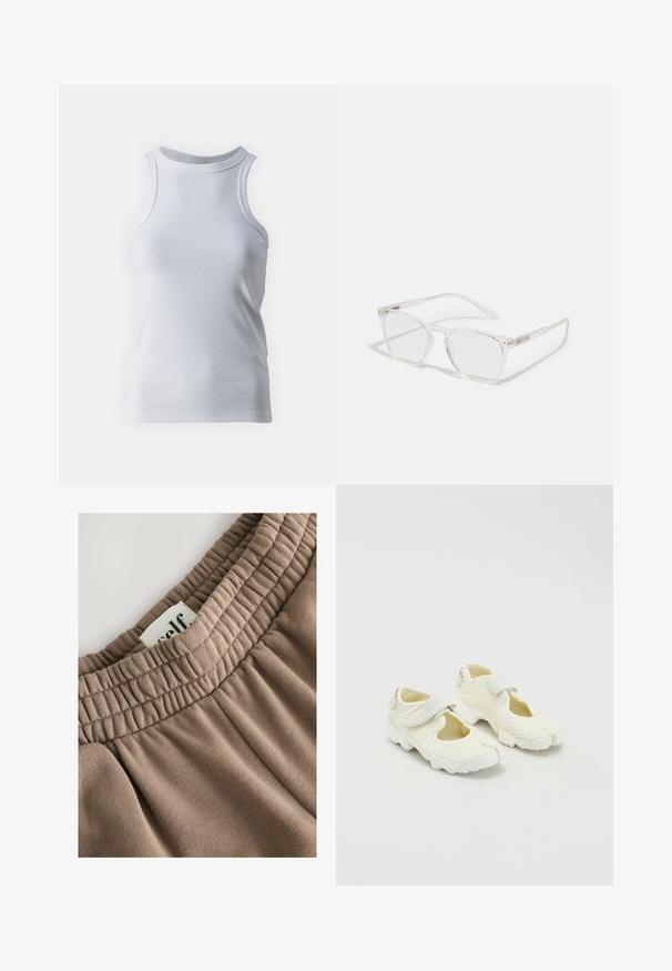 Brown faux leather cropped jacket with a collared neck, zip closure, and puffed sleeves, featuring a smooth texture and elastic waistband.; White sleeveless tank top made of soft, stretchy cotton fabric. Features a high neckline and smooth texture with no patterns or accents.; Brown elastic waistband with gathered texture, attached label reading "self," and soft fabric features a smooth surface and neutral tone.; White mesh shoes with a structured design, featuring a Velcro strap and cut-out sides, textured fabric, and a chunky sole.; CHPO ZEBBE UNISEX - Blue light glasses - transperent; DRAGON DIFFUSION ROSANNA - Handbag - dark brown