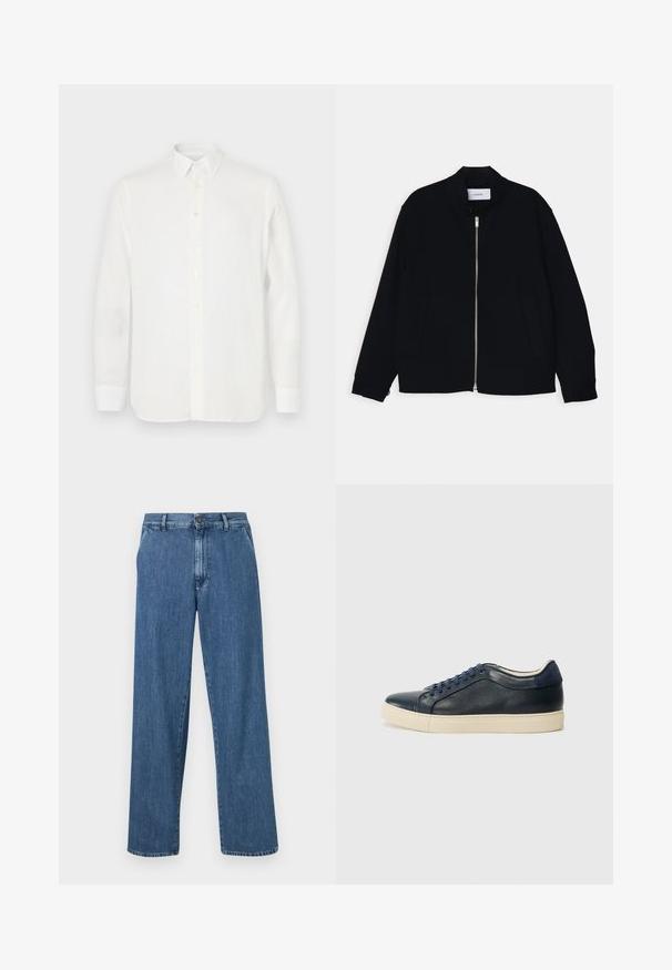Čierna bomber bunda so stojačikom, predným zipsom a dvoma bočnými vreckami. Vyrobená z hladkej tkaniny, s rebrovanými manžetami.; Biela košeľa s dlhým rukávom vyrobená z ľahkej látky, s klasickým stojacím golierom, zapínaním na gombíky a rovný strih spodnej časti. Hladká textúra.; Široké modré džíny z denimu s gombíkovým zapínaním, prednými vreckami a klasickým rovný tvarom s vyblednutým vzhľadom.; Námornícky modré kožené tenisky s krémovou gumovou podrážkou, s modrými šnúrkami a hladkým povrchom. Okrúhla špička a minimalistický dizajn.