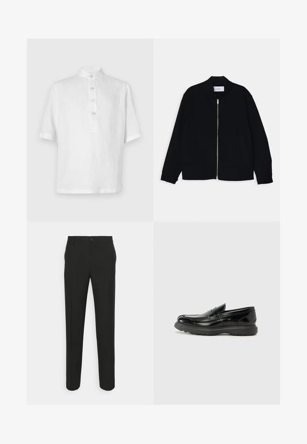 Melnā bomber jaka ar stāvošu apkakli, priekšējo rāvējslēdzēju un divām sānu kabatām. Izgatavota no gludas auduma, ar ribu aprocēm.; Balta īsām piedurknēm polo krekls, kas izgatavots no liniem. Aprīkots ar pogām, tradicionālo apkakli un brīvu piegriezumu. Gluda, viegla tekstūra.; Melni pielāgotie bikses ar taisnu griezumu, ar vienu pogu aizdari un jostas cilpām. Gluda, matēta auduma, bez rakstiem.; Melnas ādas loafers ar spīdīgu apdari, noapaļota pirksta forma, smalkas šuvju detaļas un bieza gumijas zole ilgstošai lietošanai.