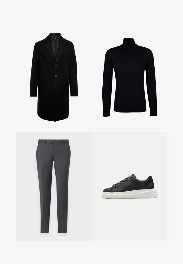 Cappotto lungo in misto lana nero dal design elegante, con uno strato interno isolato rimovibile, tre bottoni e due tasche frontali.; Maglione nero a collo alto in un tessuto a maglia morbida. Presenta maniche lunghe, un collo aderente e polsini e orlo a coste per una vestibilità aderente.; Pacchetto di tre t-shirt: una nera e due bianche. Ognuna ha un colletto rotondo, maniche corte ed è realizzata in morbido cotone.; Pantaloni grigi su misura con una texture liscia, vestibilità dritta, davanti piatto e passanti per cintura. Presentano un motivo a quadri discreto e una piega sulla parte anteriore.; Sneaker in pelle nera con suola in gomma bianca, dotato di lacci piatti e occhielli brandizzati. Texture morbida con un accento laterale a contrasto.