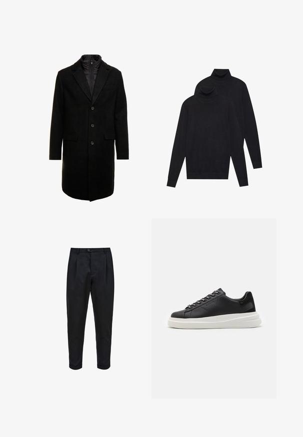 Črn volnen mešani plašč s sleek oblikovanjem, ki vključuje notranjo plast z izolacijo, tri gumbe in dva sprednja žepa.; Dva črna dolgi rokavi puloverja s turtleneck ovratnikom, enostavna pletenina, zložen eden nekoliko za drugim na belem ozadju.; Črne hlače iz gladkega materiala, z nabranim sprednjim delom, oprijetim krojem in zavihanimi manšetami. Enostavno gumbno zapiranje na pasu.; Črne usnjene teniske z belim gumijastim podplatom, ki imajo ravne vezalke in blagovno znamko na ošitih luknjah. Mehka tekstura s kontrastnim stranskim poudarkom.