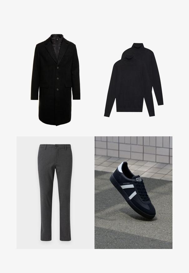 Zwarte wolblend overjas met een slank ontwerp, voorzien van een uitneembare geïsoleerde binnenlaag, drie knopen en twee voorzakken.; Twee zwarte, lange mouwen coltruien, eenvoudig gebreid, gestapeld met de één iets achter de ander op een witte achtergrond.; Grijze op maat gemaakte broek met een subtiele textuur, rechte pijpdesign, sluiting met knoop aan de voorkant en standaard zakken aan de zijkanten en achterkant.; Zwarte leren sneaker met witte strepen, een gestructureerde rubberen zool en vetersluiting aan de voorkant. Voorzien van een merklabel op de tong.