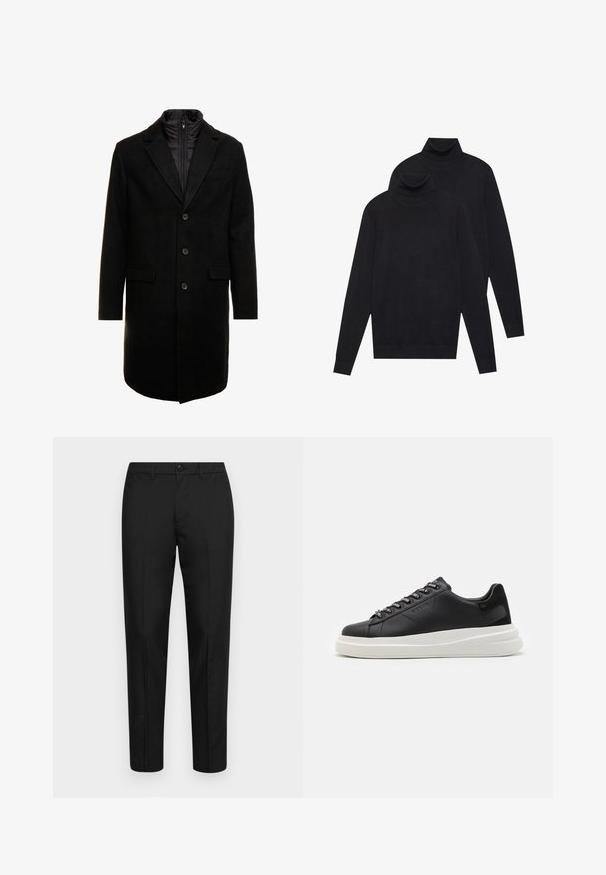 Pardessus preto em mistura de lã com um design elegante, apresentando uma camada interna isolada que pode ser colocada, três botões e dois bolsos frontais.; Dois suéteres de gola alta pretos de manga longa, malha simples, empilhados com um ligeiramente atrás do outro sobre um fundo branco.; Calças pretas feitas de tecido suave com um corte justo, apresentando um fecho de botão, passadores de cinto e pernas retas.; Sapatilha preta em pele com sola de borracha branca, apresentando atacadores planos e ilhós com marca. Textura suave com um detalhe lateral em contraste.