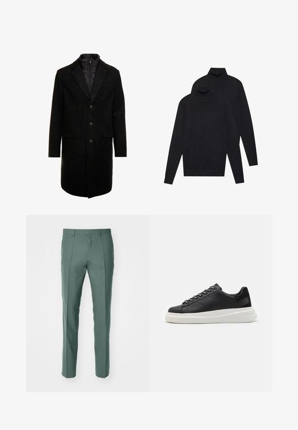 Czarny płaszcz wełniany o eleganckim fasonie, z ocieplaną wkładką na zamek, trzema guzikami i dwiema przednimi kieszeniami.; Dwa czarne swetry z długimi rękawami i golfem, gładko plecione, ułożone jeden za drugim na białym tle.; Spodnie eleganckie w przytłumionym zielonym kolorze, wykonane z teksturowanej tkaniny, z prostą nogawką i subtelnymi plisami z przodu.; Czarne skórzane trampki z białą gumową podeszwą, z płaskimi sznurowadłami i logo w oczkach. Miękka tekstura z kontrastowym akcentem bocznym.