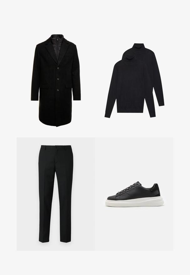 Svart ullblandingsfrakk med et elegant design, som har et avtagbart isolert innerlag, tre knapper og to frontlommer.; To svarte langermede genserne med høy hals, ensfarget strikket, stablet med den ene litt bak den andre på en hvit bakgrunn.; Sorte skreddersydde bukser laget av et glatt stoff, med en pen midje, frontlommer og smale rette ben.; Svart lær sneakers med hvit gummisåle, med flate lisser og merkede lissehull. Myk tekstur med en kontrasterende sideaccent.
