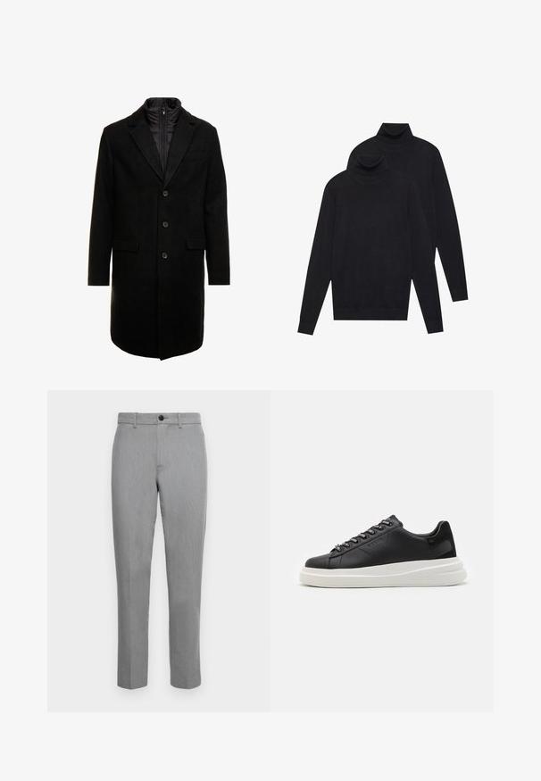Crni kaput od vune s mješavinom, elegantnog dizajna, s odvojivim izoliranim unutarnjim slojem, tri gumba i dva prednja džepa.; Dva crna pulovera s dugim rukavima i visokim ovratnikom, jednostavna pletenina, složeni jedan iza drugog na bijeloj pozadini.; Sive klasične hlače s glatkom teksturom, prednjim kopčanjem na dugme i ravnim nogavicama. Jednostavan dizajn bez uzoraka ili ukrasa.; Crne kožne tenisice s bijelim gumenim potplatima, s ravnim vezicama i brendiranim rupama za vezanje. Mekana tekstura s kontrastnim bočnim naglaskom.