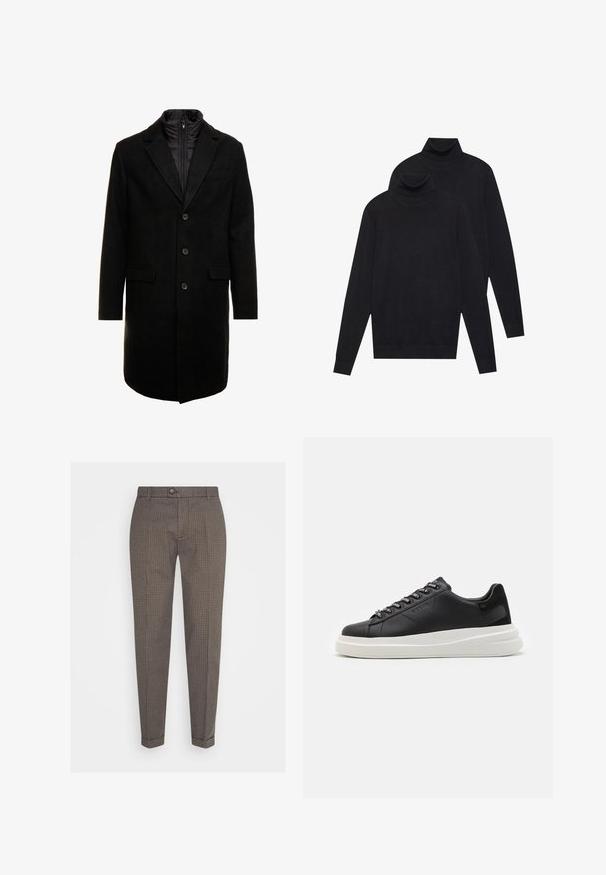 Black wool blend overcoat with a sleek design, featuring a zip-in insulated inner layer, three buttons, and two front pockets.; Two black long-sleeve turtleneck sweaters, plain knit, stacked with one slightly behind the other on a white background.; Brown and black checkered trousers with a slim fit, button closure, and flat front. Made of woven fabric, featuring a smooth texture and tailored design.; Black leather sneaker with a white rubber sole, featuring flat laces and branded eyelets. Soft texture with a contrasting side accent.
