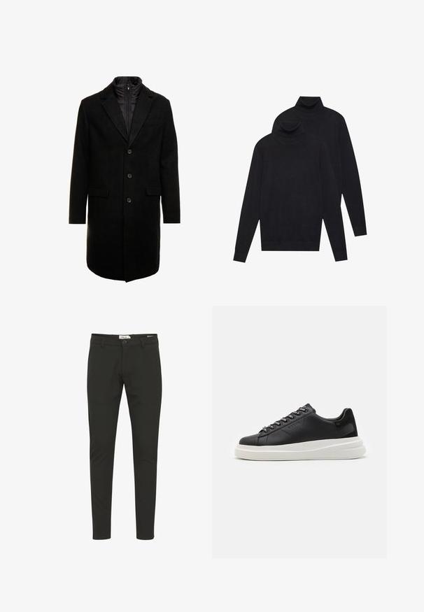 Mustan villasekoitteinen päällystakki, jossa on tyylikäs muotoilu, vuorattu irrotettavalla lämpökerroksella, kolme nappia ja kaksi etulokeroa.; Kaksi mustaa pitkähihaista poolopaitaa, yksinkertaista neulosta, pinottuna siten, että yksi on hiukan toisen takana valkoista taustaa vasten.; Mustat slim-fit-housut, jotka on valmistettu sileästä kankaasta. Housuissa on napitus, vyölenkit, etutaskut ja siisti, minimalistinen muotoilu.; Musta nahkakengät valkoisella kumipohjalla, joissa on tasaiset nauhat ja brändätyt rei'itykset. Pehmeä pinta, jossa on erottuva sivusärmä.