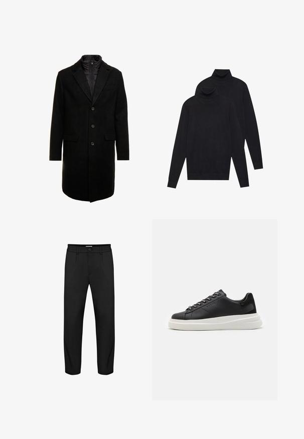 Črn volnen mešani plašč s sleek oblikovanjem, ki vključuje notranjo plast z izolacijo, tri gumbe in dva sprednja žepa.; Dva črna dolgi rokavi puloverja s turtleneck ovratnikom, enostavna pletenina, zložen eden nekoliko za drugim na belem ozadju.; Črne hlače s ravnim krojem, ki vključujejo gumbasto zapiranje, stranske žepke in gladko teksturo. Vključena je tudi elastična podloga v pasu.; Črne usnjene teniske z belim gumijastim podplatom, ki imajo ravne vezalke in blagovno znamko na ošitih luknjah. Mehka tekstura s kontrastnim stranskim poudarkom.