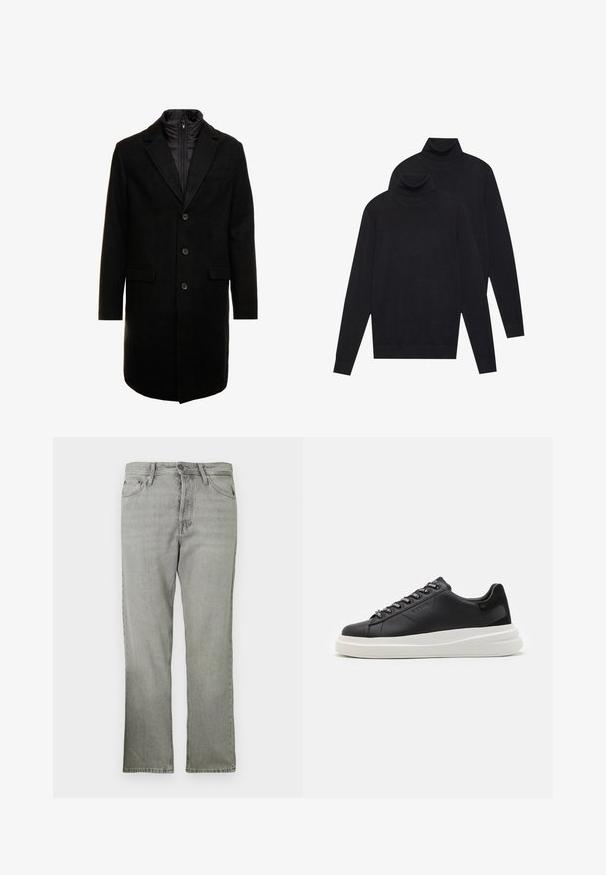 Pardessus preto em mistura de lã com um design elegante, apresentando uma camada interna isolada que pode ser colocada, três botões e dois bolsos frontais.; Dois suéteres de gola alta pretos de manga longa, malha simples, empilhados com um ligeiramente atrás do outro sobre um fundo branco.; Jeans de denim cinza claro com corte reto, apresentando estilo de cinco bolsos, um fecho éclair na frente e uma textura levemente desbotada.; Sapatilha preta em pele com sola de borracha branca, apresentando atacadores planos e ilhós com marca. Textura suave com um detalhe lateral em contraste.
