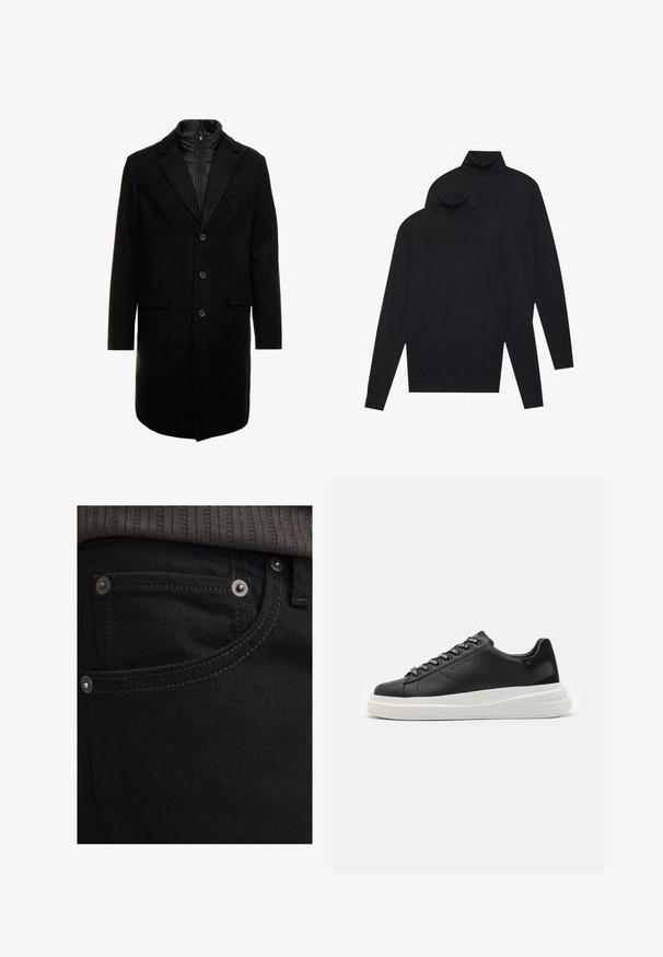 Palton dintr-un amestec de lână negru, cu un design elegant, având un strat interior izolat care se poate atașa cu fermoar, trei butoane și două buzunare frontale.; Două pulovere negre cu mânecă lungă și guler înalt, tricotate simplu, așezate unul peste altul, cu unul puțin mai în spate decât celălalt, pe un fundal alb.; Blugi din denim negru cu o croială slim și o textură netedă. Au accesorii argintii, nituire și cusături în contrast aproape de buzunare.; Sneaker din piele neagră cu o talpă din cauciuc alb, cu șireturi plate și eyelets marcate. Textură moale cu un accent lateral contrastant.
