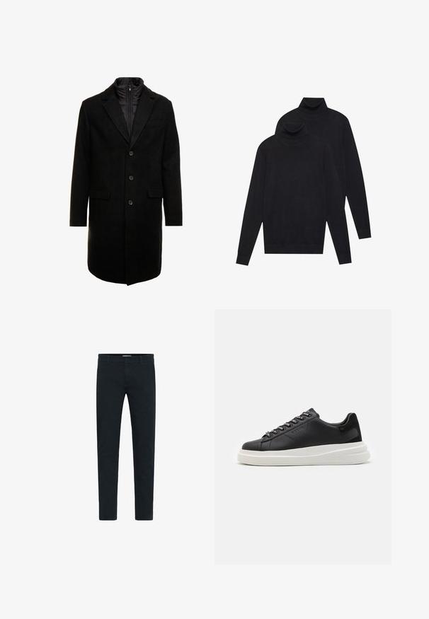 Must värviline villasegu mantlit, millel on sujuv disain, varustatud lülitatava isoleeritud sisemise kihiga, kolme nupukese ja kahe eesmine taskuga.; Kaks musta pikkade varrukatega kõrge kaelusega sviitrit, lihtne kudumine, asetatud üksteise peale, üks veidi teise taga, valgel taustal.; Mustad puuvillased püksid kitsas lõikes, millel on nööpide ja tõmbluku sulgemine, viis taskut ja sile tekstuur. Ühevärviline disain ilma mustriteta.; Mustmustest musta nahkistsneaker, millel on valge kummist tald, sirged paelad ja bränditud silmad. Pehme tekstuur kontrastse küljeaktsendiga.