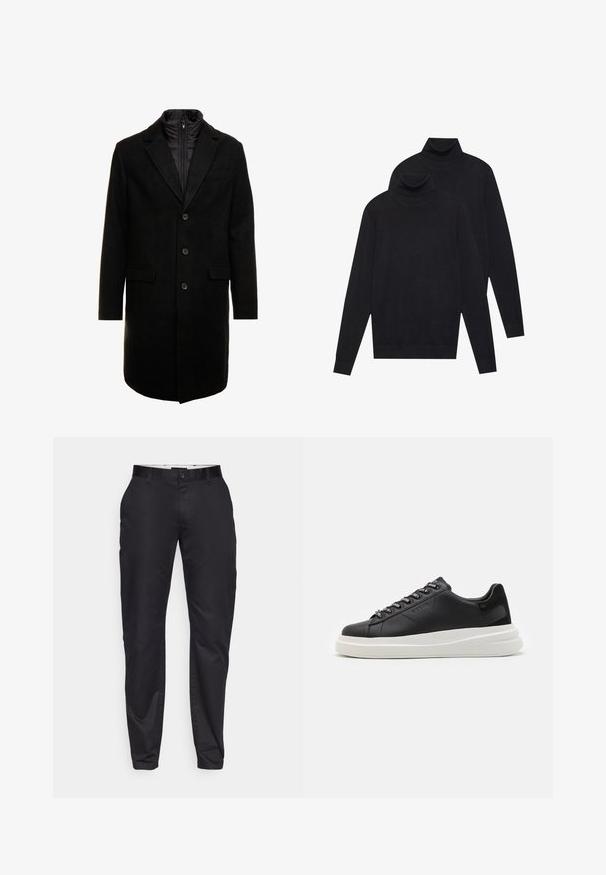 Schwarzer Wollmischung-Übermantel mit sleekem Design, ausgestattet mit einer herausnehmbaren isolierten Innenschicht, drei Knöpfen und zwei Fronttaschen.; Zwei schwarze, langärmelige Rollkragenpullover, schlicht gestrickt, übereinander gestapelt, wobei einer leicht hinter dem anderen auf einem weißen Hintergrund liegt.; Schwarze Slim-Fit-Hosen mit flachem Frontschnitt, Gürtelschlaufen und einem einzelnen Knopfverschluss. Glatter Stoff mit minimalem Glanz.; Schwarze Ledersneaker mit einer weißen Gummisohle, ausgestattet mit flachen Schnürsenkeln und markierten Ösen. Weiche Textur mit einem kontrastierenden Seitenakzent.