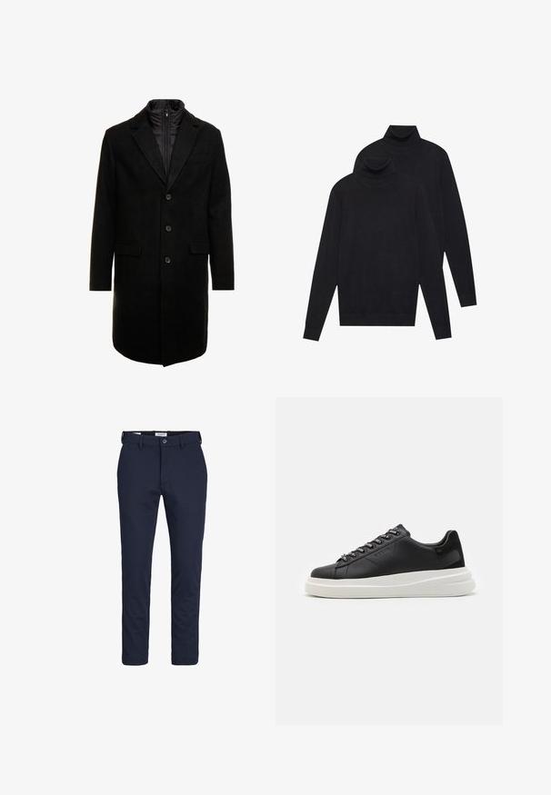 Cappotto lungo in misto lana nero dal design elegante, con uno strato interno isolato rimovibile, tre bottoni e due tasche frontali.; Due maglioni a collo alto neri a maniche lunghe, lavorati a maglia semplice, impilati con uno leggermente dietro l'altro su uno sfondo bianco.; Pantaloni blu navy realizzati in tessuto liscio, con chiusura a bottone, passanti per cintura e vestibilità sartoriale con gambe dritte.; Sneaker in pelle nera con suola in gomma bianca, dotato di lacci piatti e occhielli brandizzati. Texture morbida con un accento laterale a contrasto.