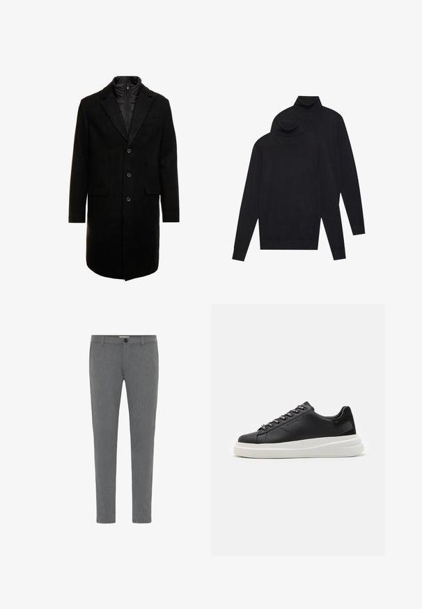 Manteau en mélange de laine noir au design élégant, doté d'une couche intérieure isolée zippée, de trois boutons et de deux poches avant.; Deux pulls turtleneck noirs à manches longues, en tricot uni, empilés avec un légèrement derrière l'autre sur un fond blanc.; Pantalons gris sur mesure en tissu texturé, avec une taille standard dotée de passants de ceinture, une fermeture éclair et un bouton unique.; Baskets en cuir noir avec une semelle en caoutchouc blanc, dotées de lacets plats et d'œillets marqués. Texture douce avec un accent contrastant sur le côté.