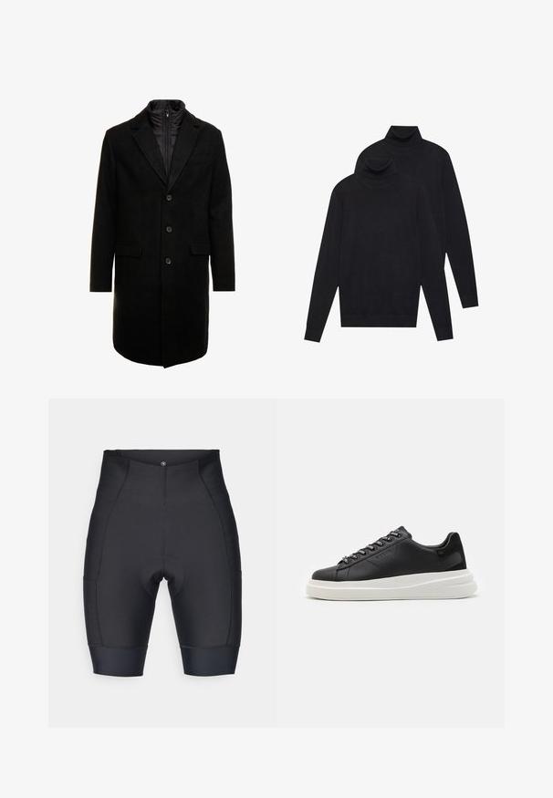 Μαύρο παλτό από μείγμα μαλλιού με κομψό σχέδιο, διαθέτει εσωτερική επένδυση με απομονωμένο στρώμα που εισάγεται, τρία κουμπιά και δύο μπροστινές τσέπες.; Δύο μαύρες μακρυμάνικες πουλόβερ με θεματικό λαιμό, απλό πλέγμα, στοιβασμένες η μία λίγο πίσω από την άλλη σε λευκό φόντο.; Μαύρο ποδηλατικό σορτσάκι από ελαστικό ύφασμα. Διαθέτει επενδεδυμένη περιοχή καθίσματος, αδιάσπαστο σχέδιο και εφαρμοστό σχήμα με ελαστικές μανσέτες στο στρίφωμα.; Μαύρο δερμάτινο αθλητικό παπούτσι με λευκή καουτσούκ σόλα, διαθέτοντας επίπεδα κορδόνια και επώνυμα μάτια. Μαλακή υφή με αντίθεση πλευρική λεπτομέρεια.