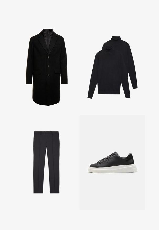 Palton dintr-un amestec de lână negru, cu un design elegant, având un strat interior izolat care se poate atașa cu fermoar, trei butoane și două buzunare frontale.; Două pulovere negre cu mânecă lungă și guler înalt, tricotate simplu, așezate unul peste altul, cu unul puțin mai în spate decât celălalt, pe un fundal alb.; The Kooples Pantaloni de costum - black; Sneaker din piele neagră cu o talpă din cauciuc alb, cu șireturi plate și eyelets marcate. Textură moale cu un accent lateral contrastant.