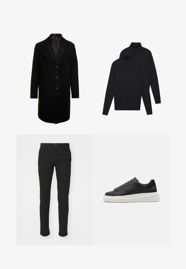 Manteau en mélange de laine noir au design élégant, doté d'une couche intérieure isolée zippée, de trois boutons et de deux poches avant.; Deux pulls turtleneck noirs à manches longues, en tricot uni, empilés avec un légèrement derrière l'autre sur un fond blanc.; Chinos noirs en tissu mélangé de coton, au design ajusté, présentant une fermeture à bouton marron, deux poches latérales et des ourlets retroussés.; Baskets en cuir noir avec une semelle en caoutchouc blanc, dotées de lacets plats et d'œillets marqués. Texture douce avec un accent contrastant sur le côté.