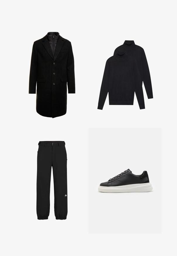 Czarny płaszcz wełniany o eleganckim fasonie, z ocieplaną wkładką na zamek, trzema guzikami i dwiema przednimi kieszeniami.; Dwa czarne swetry z długimi rękawami i golfem, gładko plecione, ułożone jeden za drugim na białym tle.; Czarne spodnie wykonane z lekkiego materiału, o luźnym kroju, z elastycznymi mankietami, szlufkami na pasek oraz małym kolorowym logo na dolnej części nogawki.; Czarne skórzane trampki z białą gumową podeszwą, z płaskimi sznurowadłami i logo w oczkach. Miękka tekstura z kontrastowym akcentem bocznym.