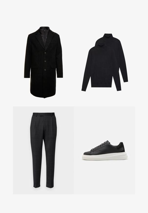 Μαύρο παλτό από μείγμα μαλλιού με κομψό σχέδιο, διαθέτει εσωτερική επένδυση με απομονωμένο στρώμα που εισάγεται, τρία κουμπιά και δύο μπροστινές τσέπες.; Δύο μαύρες μακρυμάνικες πουλόβερ με θεματικό λαιμό, απλό πλέγμα, στοιβασμένες η μία λίγο πίσω από την άλλη σε λευκό φόντο.; Προσαρμοσμένα παντελόνια από σκούρο ύφασμα με διακριτό καρό σχέδιο, περιλαμβάνοντας ίσια γραμμή, πτυχώσεις και κανονική μέση.; Μαύρο δερμάτινο αθλητικό παπούτσι με λευκή καουτσούκ σόλα, διαθέτοντας επίπεδα κορδόνια και επώνυμα μάτια. Μαλακή υφή με αντίθεση πλευρική λεπτομέρεια.