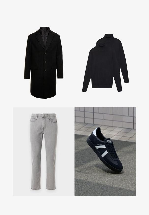 Melna vilnas maisījuma virsjakas ar elegantu dizainu, kurā ir iešūta izolēta iekšējā kārta, trīs pogas un divas priekšējās kabatas.; Divi melni garie piedurkņu kūtīši, parasta adījuma, sakrauti viens nedaudz aizmugurē otrais uz baltas fona.; Pelēki denima džinsi ar taisnu piegriezumu, piecu kabatu dizainu, jostas cilpām un priekšējo pogu aizdari. Audumam ir gluda tekstūra.; Melnā ādas sporta apavi ar baltām svītrām, teksturēta gumijas zole un auklu aizdare. Iekļauj zīmola etiķeti uz mēles.