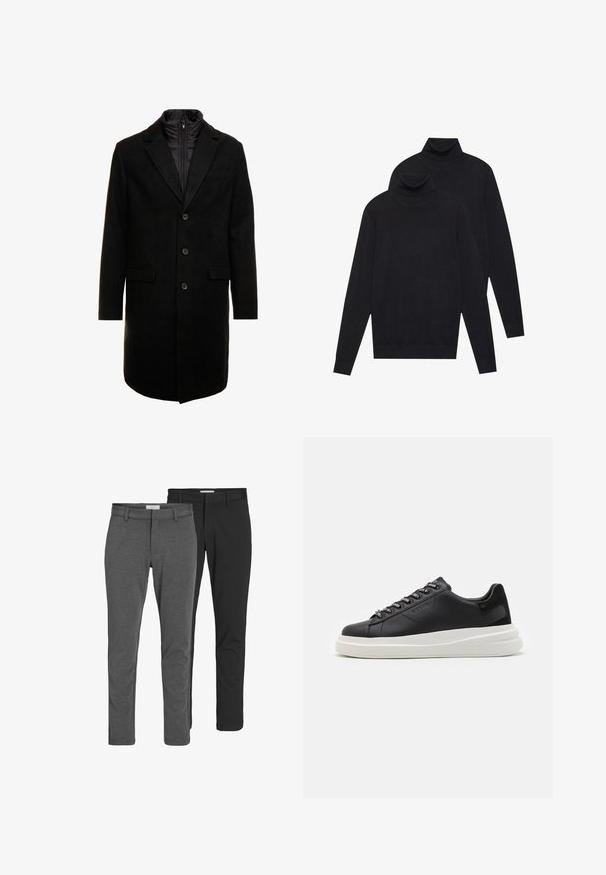 Cappotto lungo in misto lana nero dal design elegante, con uno strato interno isolato rimovibile, tre bottoni e due tasche frontali.; Due maglioni a collo alto neri a maniche lunghe, lavorati a maglia semplice, impilati con uno leggermente dietro l'altro su uno sfondo bianco.; Due coppie di pantaloni classici: una in misto cotone grigio e l'altra in misto cotone nero. Entrambi presentano un design su misura con passanti per cintura e una finitura liscia.; Sneaker in pelle nera con suola in gomma bianca, dotato di lacci piatti e occhielli brandizzati. Texture morbida con un accento laterale a contrasto.