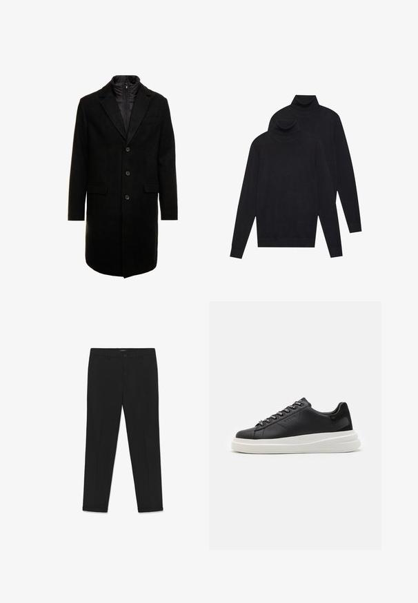 Schwarzer Wollmischung-Übermantel mit sleekem Design, ausgestattet mit einer herausnehmbaren isolierten Innenschicht, drei Knöpfen und zwei Fronttaschen.; Zwei schwarze, langärmelige Rollkragenpullover, schlicht gestrickt, übereinander gestapelt, wobei einer leicht hinter dem anderen auf einem weißen Hintergrund liegt.; Schwarze Hosen aus glattem Stoff mit schmaler Passform, flacher Vorderseite, zwei Seitentaschen und Knopfverschluss in der Taille.; Schwarze Ledersneaker mit einer weißen Gummisohle, ausgestattet mit flachen Schnürsenkeln und markierten Ösen. Weiche Textur mit einem kontrastierenden Seitenakzent.