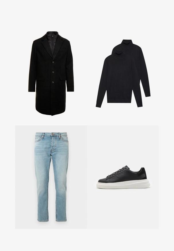 Crni kaput od vune s mješavinom, elegantnog dizajna, s odvojivim izoliranim unutarnjim slojem, tri gumba i dva prednja džepa.; Dva crna pulovera s dugim rukavima i visokim ovratnikom, jednostavna pletenina, složeni jedan iza drugog na bijeloj pozadini.; Svijetloplave traperice s ravnim krojem, dizajn s pet džepova i suptilno izbljeđivanje. Pritvrđivanje dugmetom na struku, čisti završeci na rubovima.; Crne kožne tenisice s bijelim gumenim potplatima, s ravnim vezicama i brendiranim rupama za vezanje. Mekana tekstura s kontrastnim bočnim naglaskom.
