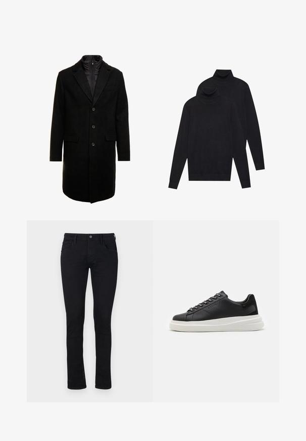Pardessus preto em mistura de lã com um design elegante, apresentando uma camada interna isolada que pode ser colocada, três botões e dois bolsos frontais.; Dois suéteres de gola alta pretos de manga longa, malha simples, empilhados com um ligeiramente atrás do outro sobre um fundo branco.; Jeans pretos ajustados em material de denim com uma textura suave. Apresentam cinco bolsos e fecho de correr com botão na cintura.; Sapatilha preta em pele com sola de borracha branca, apresentando atacadores planos e ilhós com marca. Textura suave com um detalhe lateral em contraste.