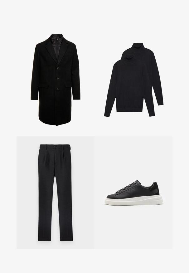 Czarny płaszcz wełniany o eleganckim fasonie, z ocieplaną wkładką na zamek, trzema guzikami i dwiema przednimi kieszeniami.; Dwa czarne swetry z długimi rękawami i golfem, gładko plecione, ułożone jeden za drugim na białym tle.; Czarne spodnie wykonane z teksturowanej tkaniny, wyposażone w zapięcie na guzik, dwie przednie zaszewki oraz prosty krój nogawki.; Czarne skórzane trampki z białą gumową podeszwą, z płaskimi sznurowadłami i logo w oczkach. Miękka tekstura z kontrastowym akcentem bocznym.