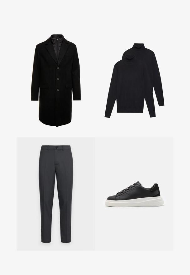 Juodas vilnos mišinio viršutinis paltas su elegantišku dizainu, turintis įsitraukiančią izoliuotą vidinę dalį, tris mygtukus ir dvi priekinės kišenes.; Du mėlynos ilgomis rankovėmis golfo megztiniai, paprasta mezgimo, supilti vienas ant kito, vienas šiek tiek už nugaros, ant baltos fono.; Pilkos kelnės, pagamintos iš tekstūruoto audinio, su tiesiomis kojomis, šoninėmis kišenėmis, vienu priekiu esančiu mygtuku ir diržo kilpomis.; Juodos odinės sportbačiai su balta guma padanga, su plokščiomis raiščiais ir firminiais skylutėmis. Minkšta tekstūra su kontrastingu šonu akcentu.
