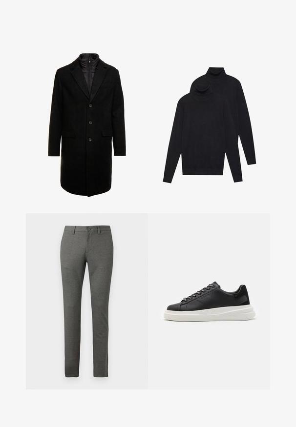 Black wool blend overcoat with a sleek design, featuring a zip-in insulated inner layer, three buttons, and two front pockets.; Two black long-sleeve turtleneck sweaters, plain knit, stacked with one slightly behind the other on a white background.; Gray tailored trousers with a textured finish, slim fit design, front pockets, and a single button closure at the waist.; Black leather sneaker with a white rubber sole, featuring flat laces and branded eyelets. Soft texture with a contrasting side accent.