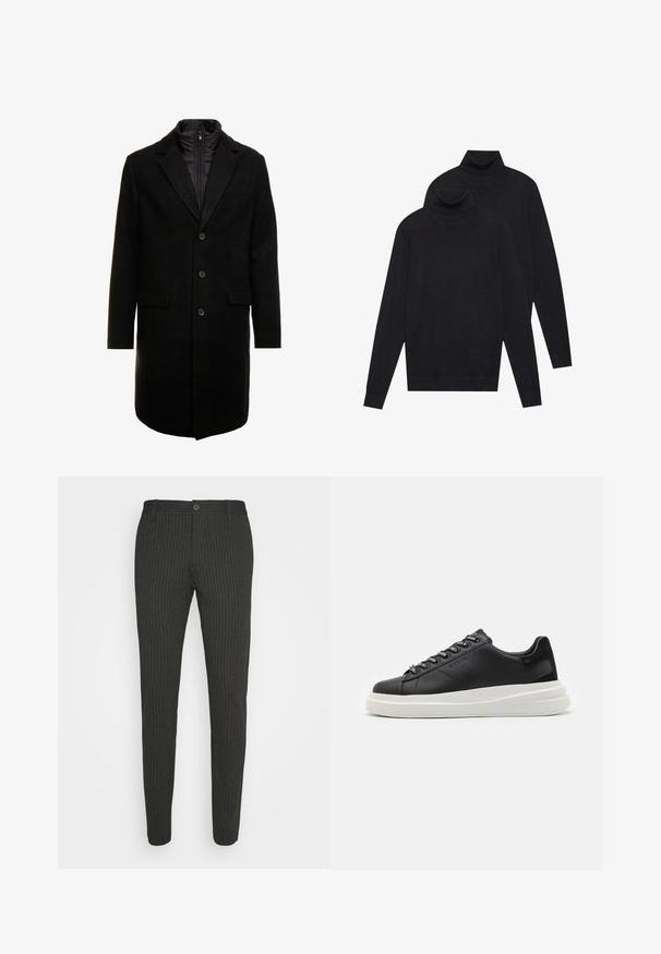 Cappotto lungo in misto lana nero dal design elegante, con uno strato interno isolato rimovibile, tre bottoni e due tasche frontali.; Due maglioni a collo alto neri a maniche lunghe, lavorati a maglia semplice, impilati con uno leggermente dietro l'altro su uno sfondo bianco.; Pantaloni a righe grigio scuro con vestibilità slim, dotati di una vita standard e chiusura con un solo pulsante. Texture liscia e design su misura.; Sneaker in pelle nera con suola in gomma bianca, dotato di lacci piatti e occhielli brandizzati. Texture morbida con un accento laterale a contrasto.