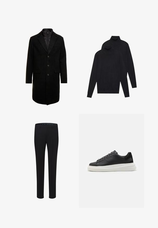 Czarny płaszcz wełniany o eleganckim fasonie, z ocieplaną wkładką na zamek, trzema guzikami i dwiema przednimi kieszeniami.; Dwa czarne swetry z długimi rękawami i golfem, gładko plecione, ułożone jeden za drugim na białym tle.; Czarne dopasowane spodnie o gładkiej fakturze, prostej nogawce i szlufkach na pasek. Charakteryzują się klasycznym krojem oraz brakiem widocznych wzorów czy akcentów.; Czarne skórzane trampki z białą gumową podeszwą, z płaskimi sznurowadłami i logo w oczkach. Miękka tekstura z kontrastowym akcentem bocznym.