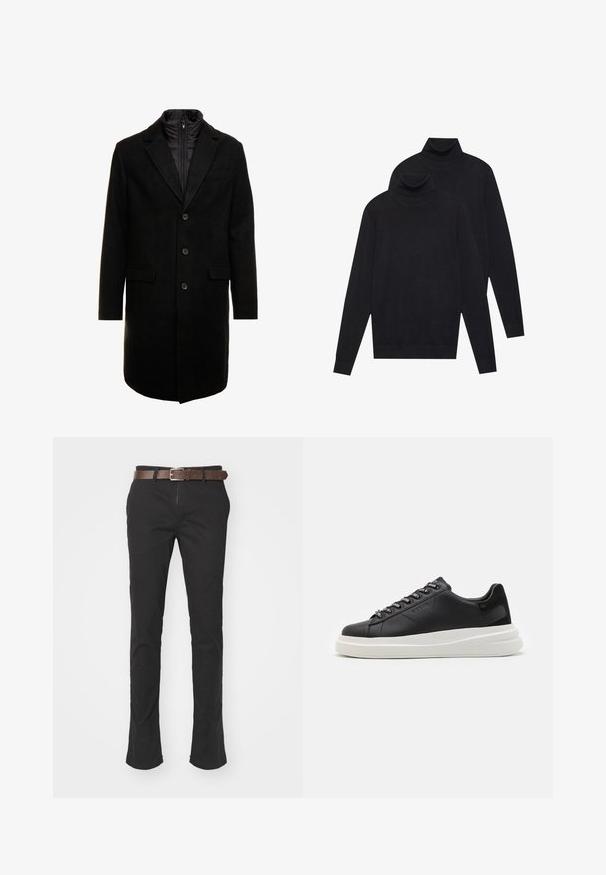 Palton dintr-un amestec de lână negru, cu un design elegant, având un strat interior izolat care se poate atașa cu fermoar, trei butoane și două buzunare frontale.; Două pulovere negre cu mânecă lungă și guler înalt, tricotate simplu, așezate unul peste altul, cu unul puțin mai în spate decât celălalt, pe un fundal alb.; Pantaloni negri din bumbac cu un design drept, având o curea din piele maro și detalii de cusătură vizibile.; Sneaker din piele neagră cu o talpă din cauciuc alb, cu șireturi plate și eyelets marcate. Textură moale cu un accent lateral contrastant.