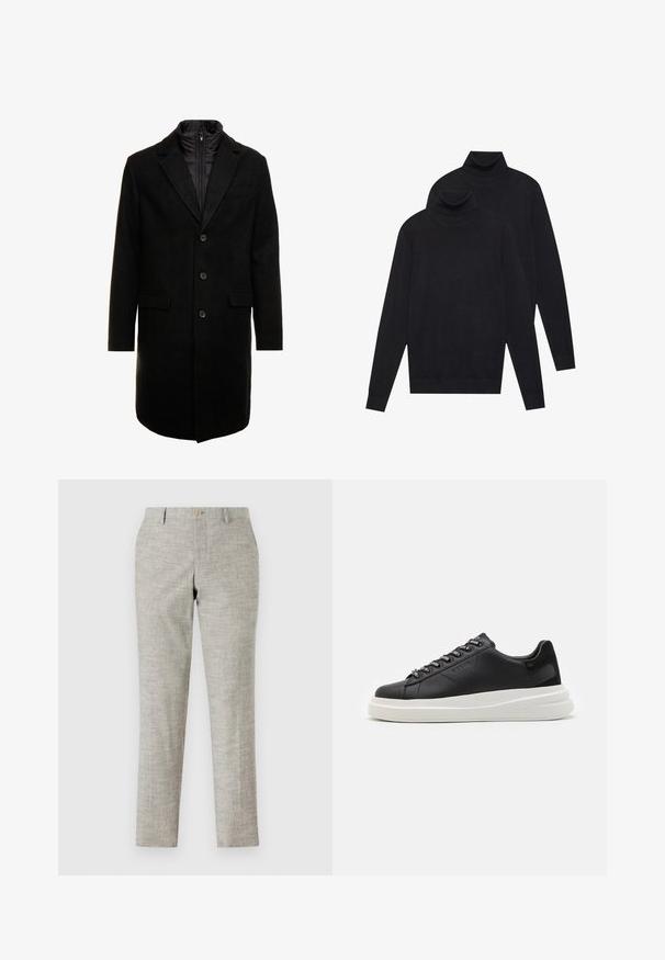 Must värviline villasegu mantlit, millel on sujuv disain, varustatud lülitatava isoleeritud sisemise kihiga, kolme nupukese ja kahe eesmine taskuga.; Kaks musta pikkade varrukatega kõrge kaelusega sviitrit, lihtne kudumine, asetatud üksteise peale, üks veidi teise taga, valgel taustal.; Heledad hallid püksid, millel on tekstureeritud kangas, lamedate esiosadega, lukuga ja ühe nupuga kinnitamine. Viimistletud kitsas lõige sirgete jalgadega.; Mustmustest musta nahkistsneaker, millel on valge kummist tald, sirged paelad ja bränditud silmad. Pehme tekstuur kontrastse küljeaktsendiga.