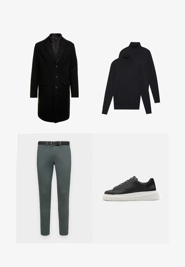Black wool blend overcoat with a sleek design, featuring a zip-in insulated inner layer, three buttons, and two front pockets.; Two black long-sleeve turtleneck sweaters, plain knit, stacked with one slightly behind the other on a white background.; Green cotton trousers with a slim fit, featuring a black belt and standard five-pocket design. Smooth texture, minimal stitching details.; Black leather sneaker with a white rubber sole, featuring flat laces and branded eyelets. Soft texture with a contrasting side accent.