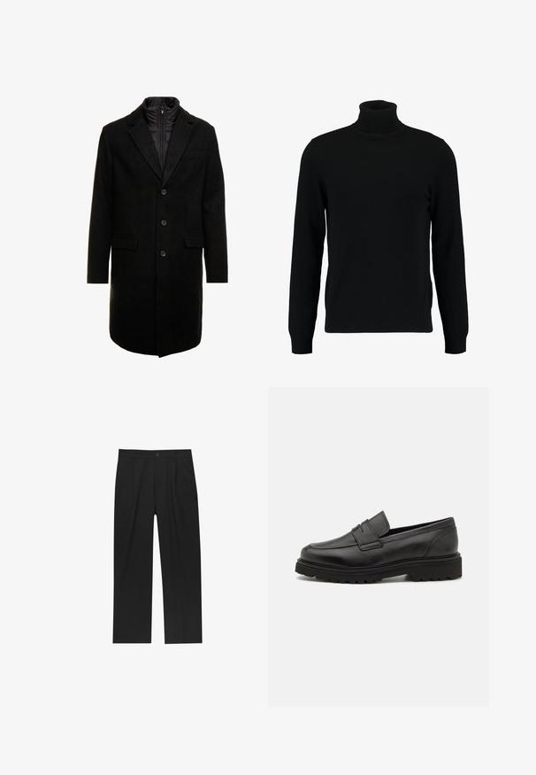 Czarny płaszcz wełniany o eleganckim fasonie, z ocieplaną wkładką na zamek, trzema guzikami i dwiema przednimi kieszeniami.; Czarny sweter z golfem, wykonany z miękkiego, dzianinowego materiału. Posiada długie rękawy, prążkowany kołnierz i dół. Prosty, elegancki design bez wzorów.; Czarne spodnie o prostym kroju, wykonane z gładkiego materiału. Posiadają zakładki z przodu i pojedyncze zapięcie na guziki w pasie.; Czarne skórzane mokasyny z okrągłym noskiem, z przeszyciami oraz grubą, teksturowaną podeszwą. Charakteryzują się eleganckim, minimalistycznym designem.
