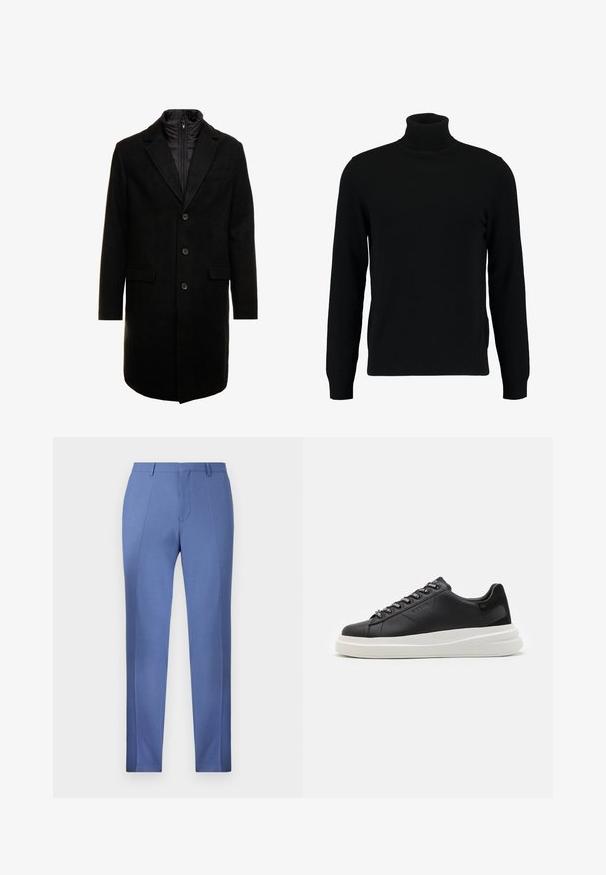 Cappotto lungo in misto lana nero dal design elegante, con uno strato interno isolato rimovibile, tre bottoni e due tasche frontali.; Maglione a collo alto nero realizzato in morbido materiale knit. Presenta maniche lunghe, colletto e orlo a costine. Design semplice e lineare senza motivi.; Pantaloni su misura blu chiaro con una texture liscia, caratterizzati da pieghe nette, una parte frontale piatta e senza tasche o decorazioni visibili.; Sneaker in pelle nera con suola in gomma bianca, dotato di lacci piatti e occhielli brandizzati. Texture morbida con un accento laterale a contrasto.