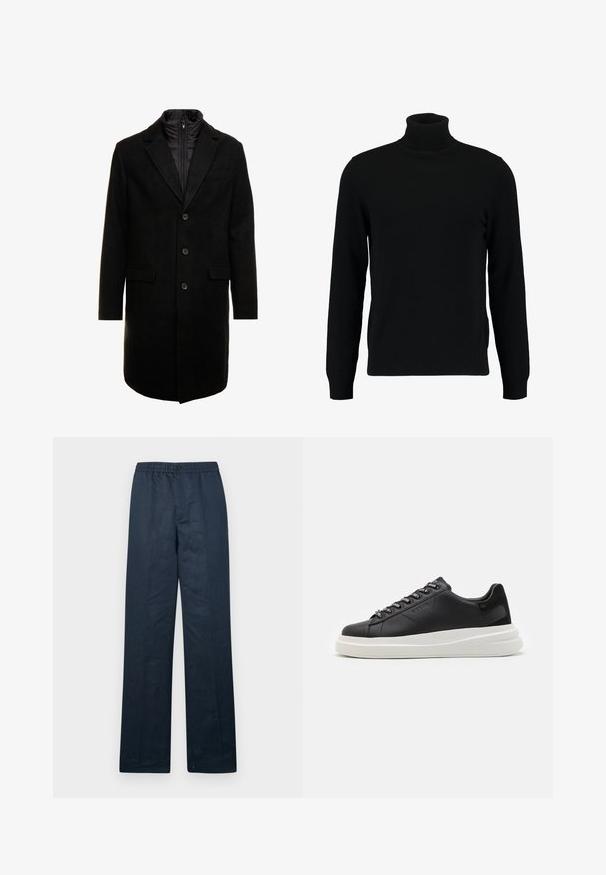 Black wool blend overcoat with a sleek design, featuring a zip-in insulated inner layer, three buttons, and two front pockets.; Black turtleneck sweater made of a soft knit material. Features long sleeves, ribbed collar, and hem. Simple, sleek design without patterns.; Navy blue linen pants with a relaxed fit, elastic waistband, and single button closure. Features straight legs and minimal texture.; Black leather sneaker with a white rubber sole, featuring flat laces and branded eyelets. Soft texture with a contrasting side accent.