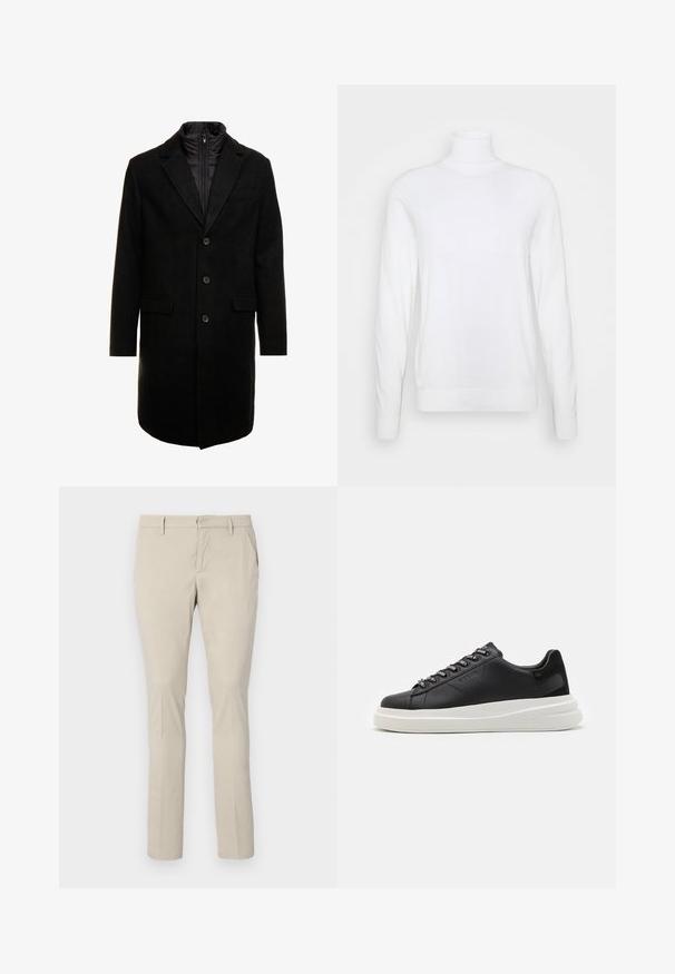 Czarny płaszcz wełniany o eleganckim fasonie, z ocieplaną wkładką na zamek, trzema guzikami i dwiema przednimi kieszeniami.; Biały sweter z golfem i długimi rękawami, wykonany z gładkiego materiału. Charakteryzuje się dopasowanym krojem oraz ściągaczami przy mankietach i dolnym wykończeniu. Brak wzorów i akcentów.; Beżowe chinosy o prostym kroju, z bocznymi kieszeniami i gładką teksturą materiału. Bez widocznych wzorów ani detali metalowych.; Czarne skórzane trampki z białą gumową podeszwą, z płaskimi sznurowadłami i logo w oczkach. Miękka tekstura z kontrastowym akcentem bocznym.