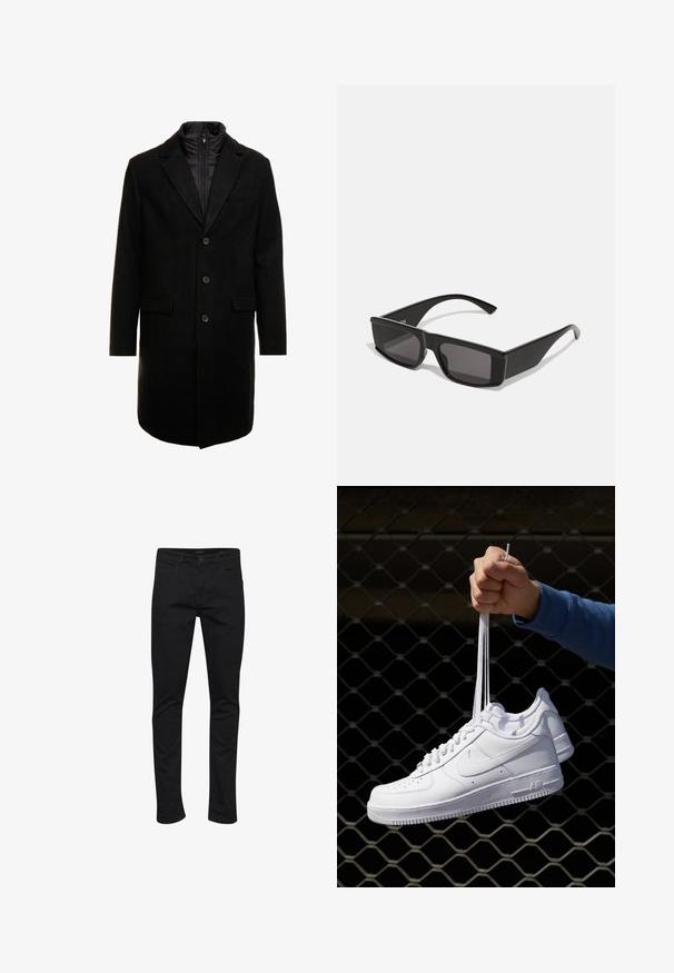 Črn volnen mešani plašč s sleek oblikovanjem, ki vključuje notranjo plast z izolacijo, tri gumbe in dva sprednja žepa.; Bela pulover z bolj dolgimi rokavi in visokim ovratnikom, narejen iz gladkega materiala. Ima prilegan kroj ter žametne manšete in rob. Brez vzorcev ali okrasnih detajlov.; Črne denimske hlače s slim fit krojem, opremljene s klasičnim pet-pocket dizajnom, trdnimi šivi in zadrgo ter gumbom za zapiranje.; Bela usnjena športna obutev s perforacijami, okroglo konico, ravnim podplatom in debelimi vezalkami, z vidnim logotipom smoosh in napisom "AIR" na peti.; Črne sončna očala s pravokotnimi okvirji in temnimi lečami. Narejena so iz sijoče plastike, s kotno zasnovo in ozkimi štempaji.