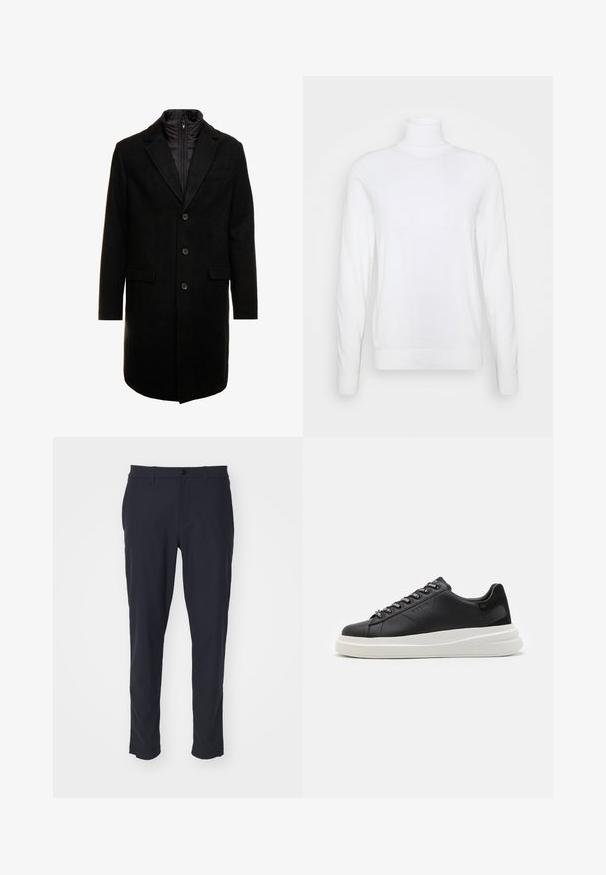 Črn volnen mešani plašč s sleek oblikovanjem, ki vključuje notranjo plast z izolacijo, tri gumbe in dva sprednja žepa.; Bela pulover z bolj dolgimi rokavi in visokim ovratnikom, narejen iz gladkega materiala. Ima prilegan kroj ter žametne manšete in rob. Brez vzorcev ali okrasnih detajlov.; Temno modre krojene hlače, narejene iz gladkega materiala; vključujejo zaponko, obroče za pas in stranske žepe; zasnova s slim fit.; Črne usnjene teniske z belim gumijastim podplatom, ki imajo ravne vezalke in blagovno znamko na ošitih luknjah. Mehka tekstura s kontrastnim stranskim poudarkom.